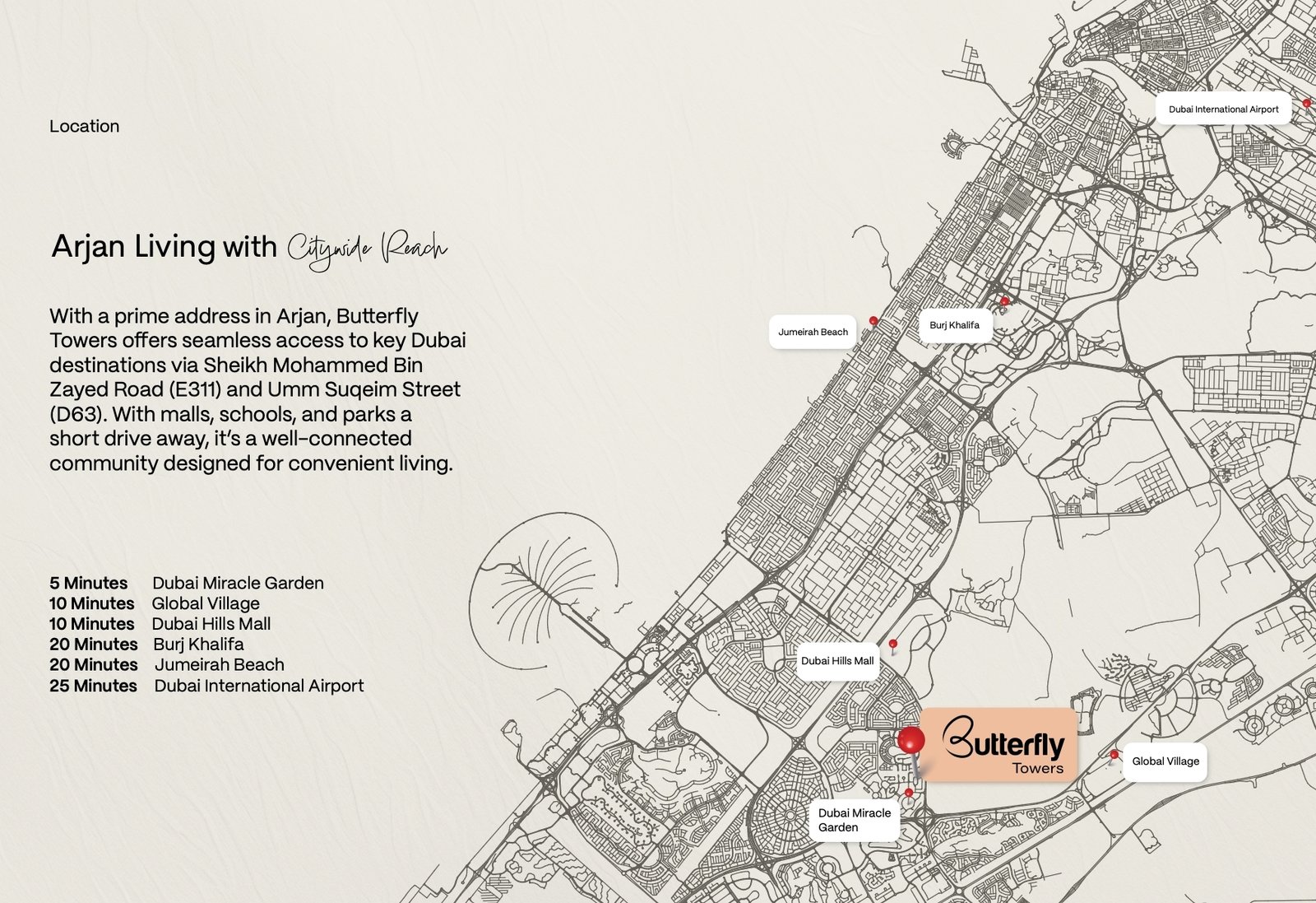 Map showing beachfront location between Dubai and Abu Dhabi